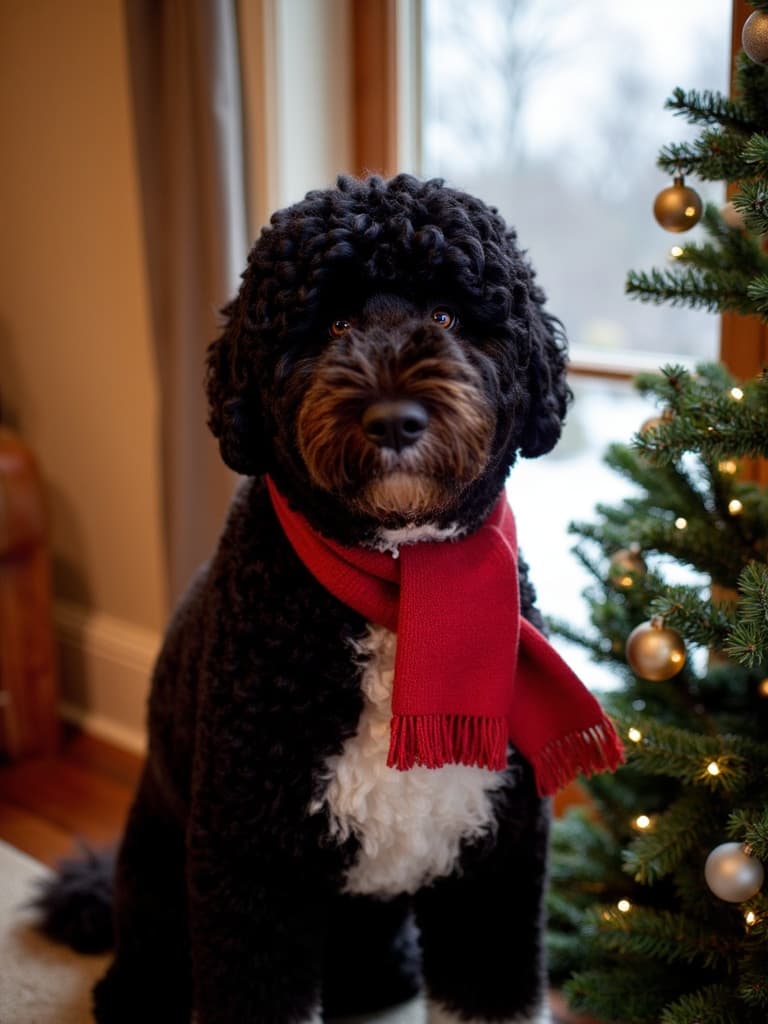 Christmas holiday card portrait of a black dog in festive setting