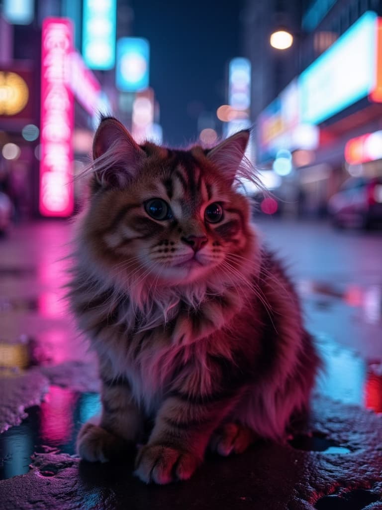 Cyberpunk pet portrait of a calico cat in neon-lit city night