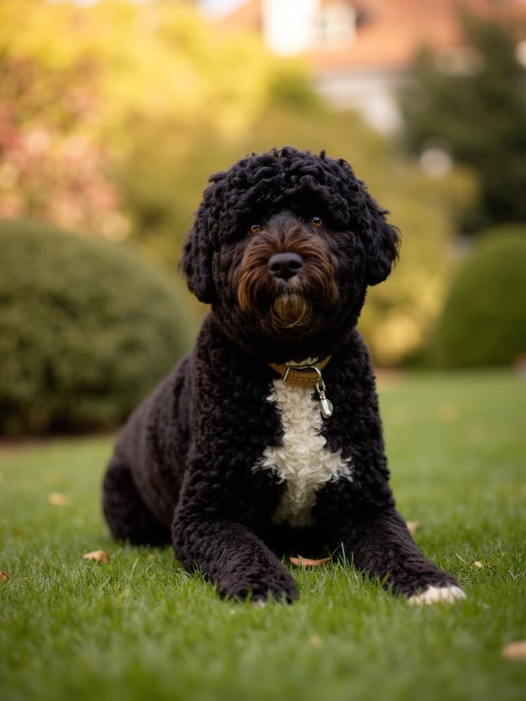 Black dog portrait in a golden sunlit garden, fine art style