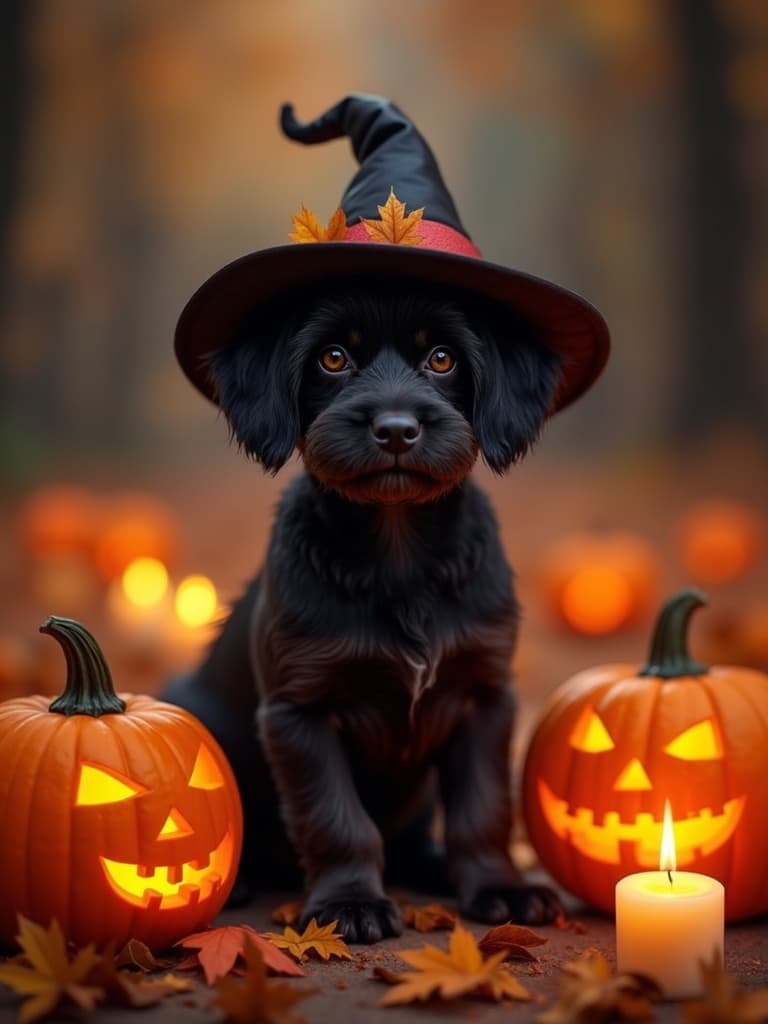 Black dog wearing a witch hat beside carved pumpkins and candlelight in an autumn forest
