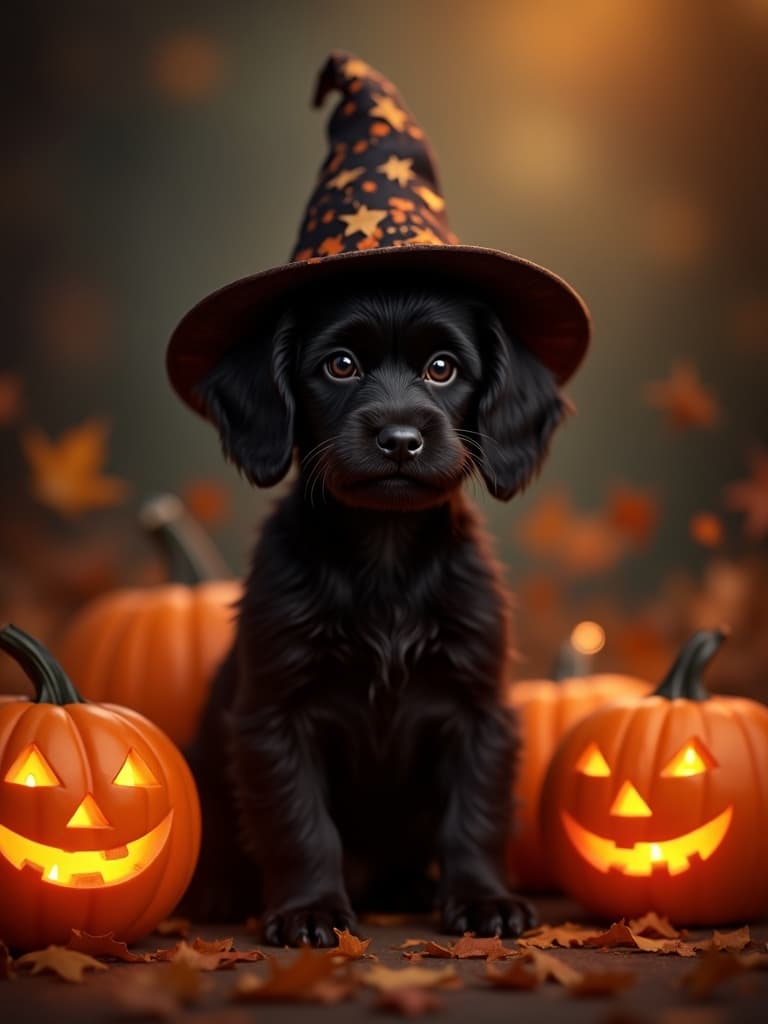 Halloween portrait of a black puppy in a star-patterned witch hat among glowing jack-o-lanterns