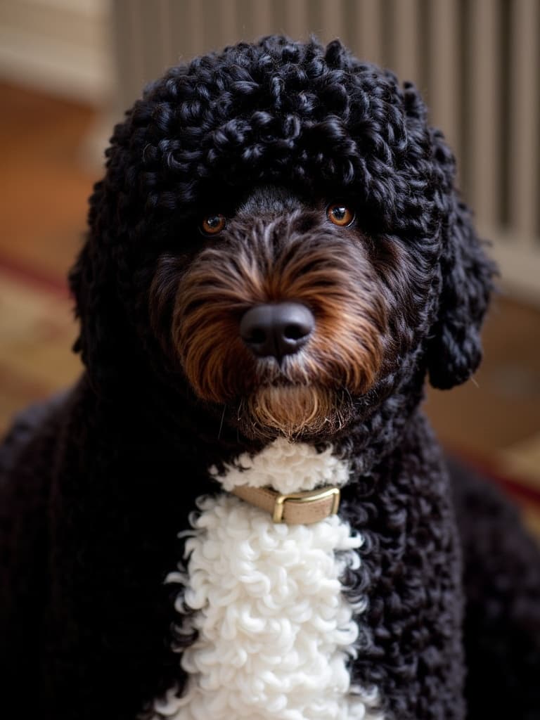 Gentle classical memorial portrait of a black curly-haired dog in soft light