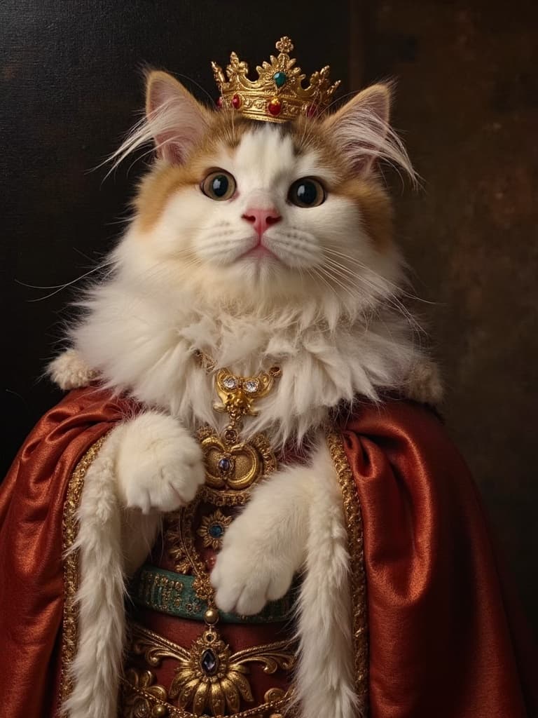 Calico cat renaissance portrait with a curious head-tilt expression