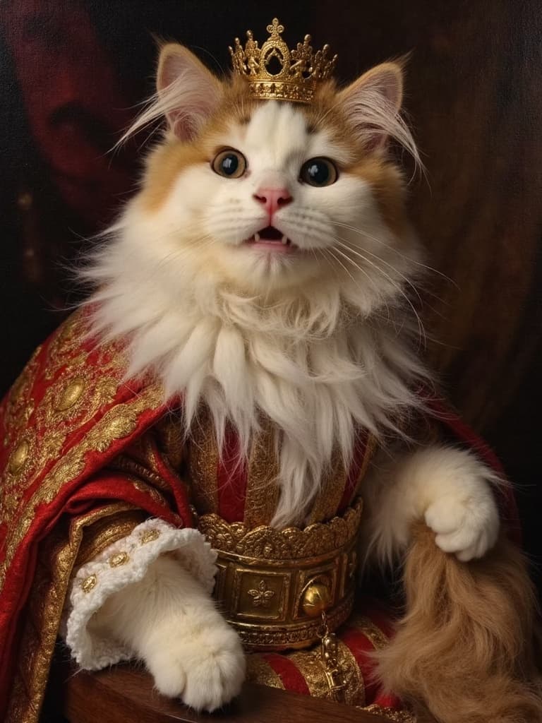 Calico cat renaissance portrait with a happy joyful expression