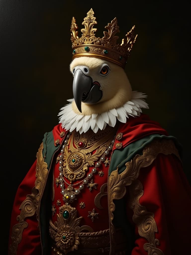 Renaissance style portrait of a parrot in noble dress