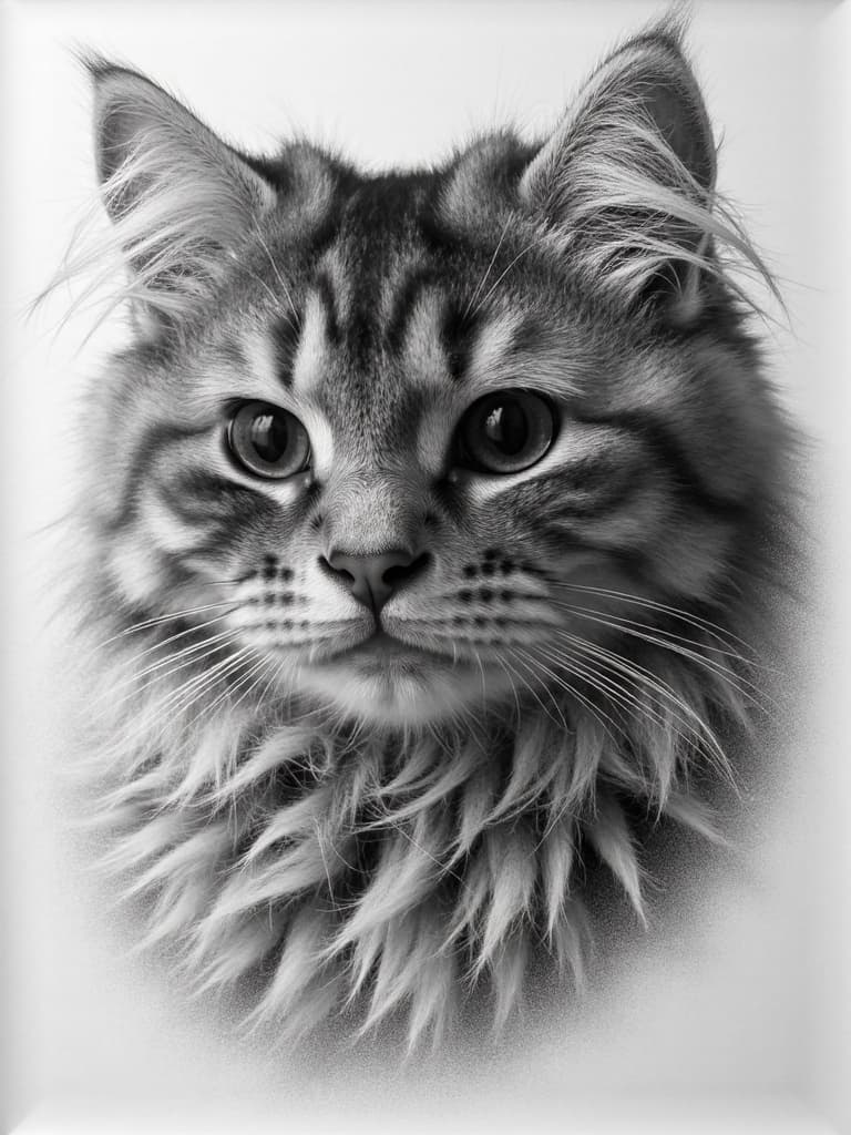 Detailed pencil sketch portrait of a long-haired tabby cat with rich graphite shading