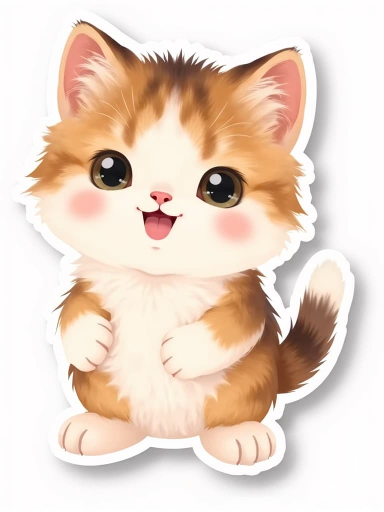 Cute chibi sticker illustration of a calico kitten with big eyes