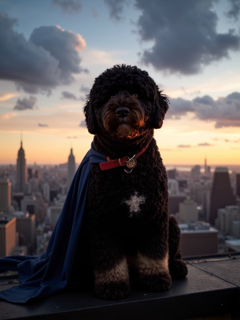 Black dog wearing a superhero cape on a rooftop above the city at dusk