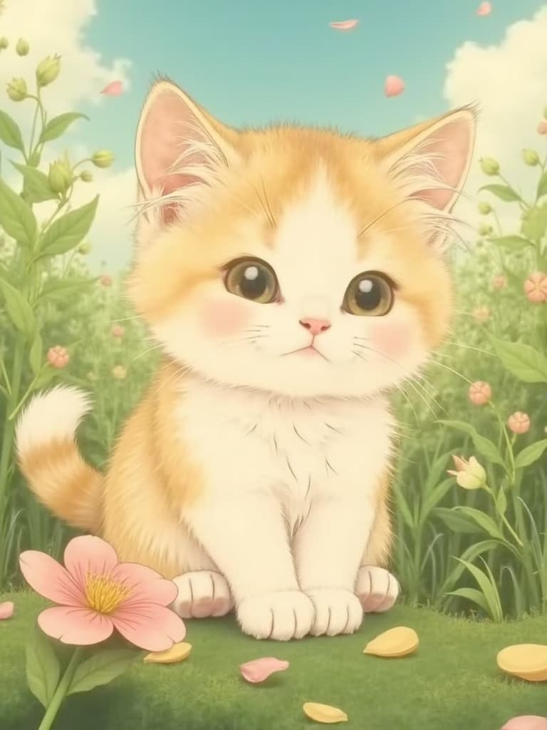 Japanese anime style illustration of a calico kitten in a sunlit flower meadow