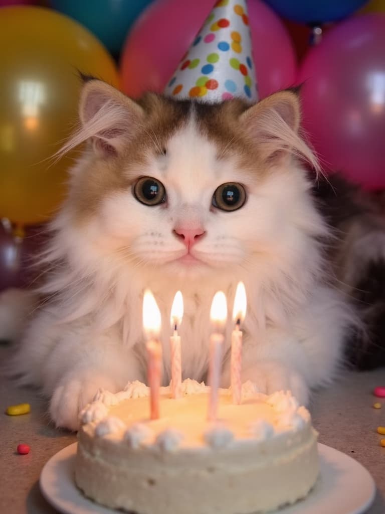 Birthday party portrait of a calico cat in a party hat behind a cake with lit candles