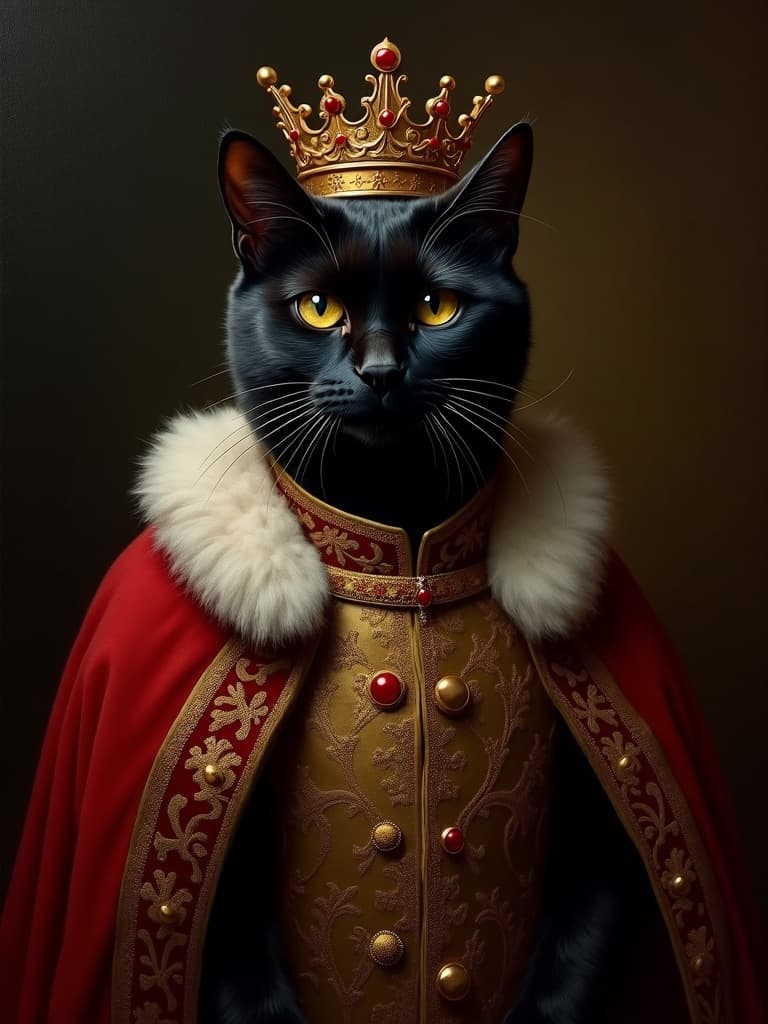 Black cat with yellow eyes wearing a jewelled crown and royal robes, renaissance portrait