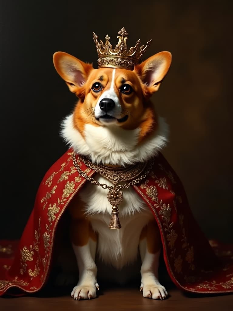 Corgi wearing a gold crown and embroidered red royal cape, renaissance portrait