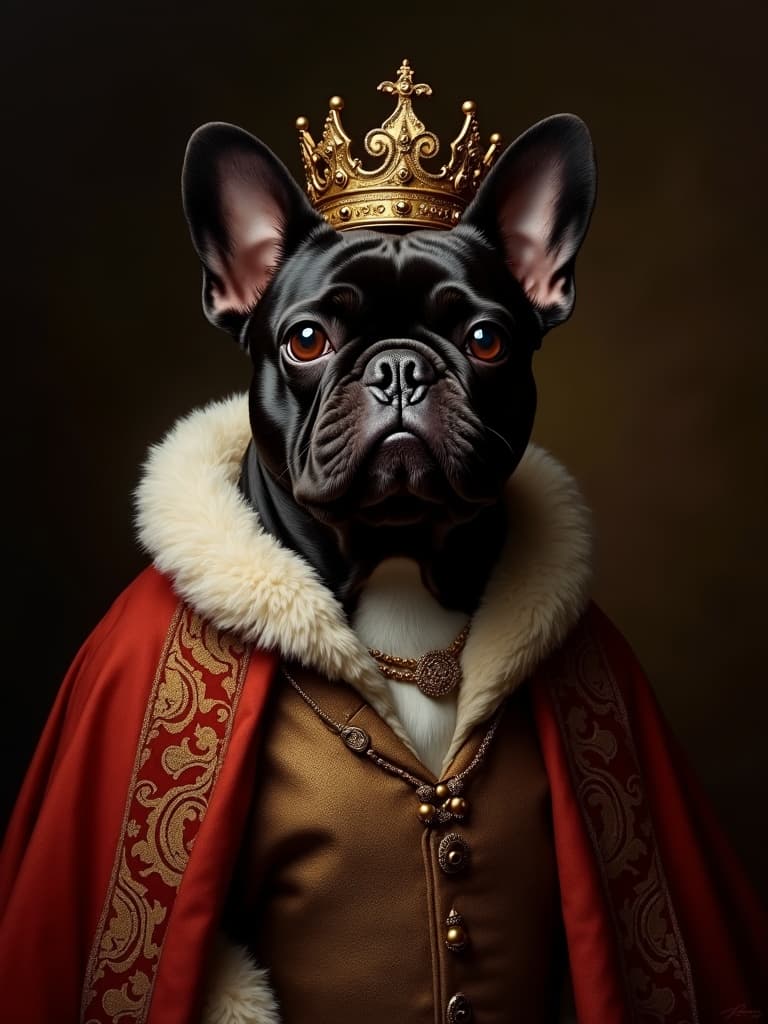 French bulldog in royal robes and a gold crown, renaissance oil painting portrait