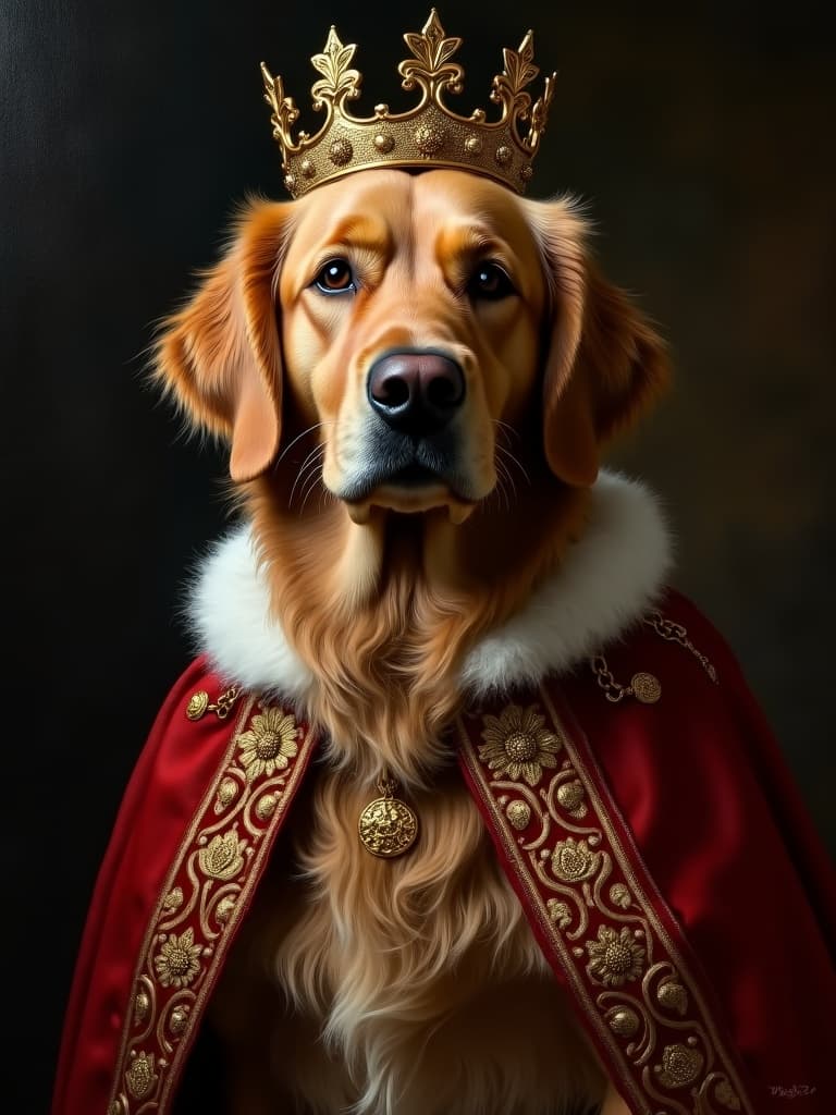 Golden retriever in a royal red robe and gold crown, renaissance oil painting style
