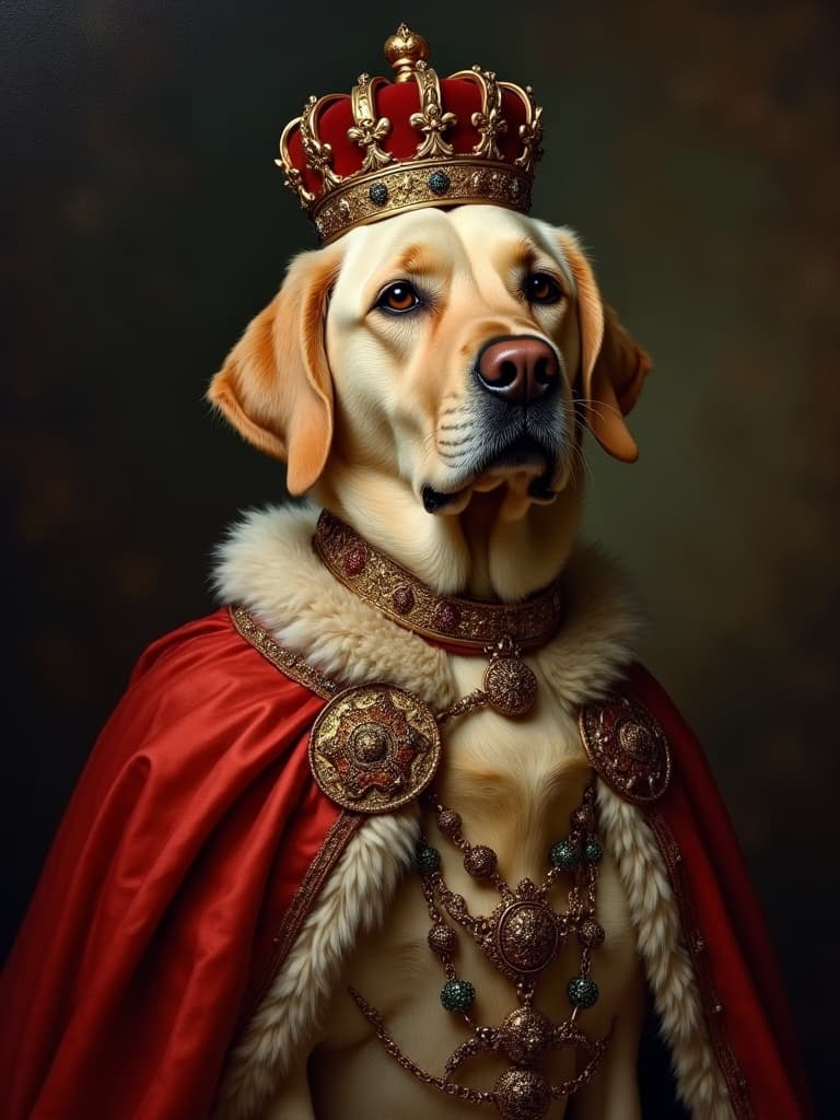 Labrador retriever wearing a gold crown and royal red robe, renaissance oil portrait