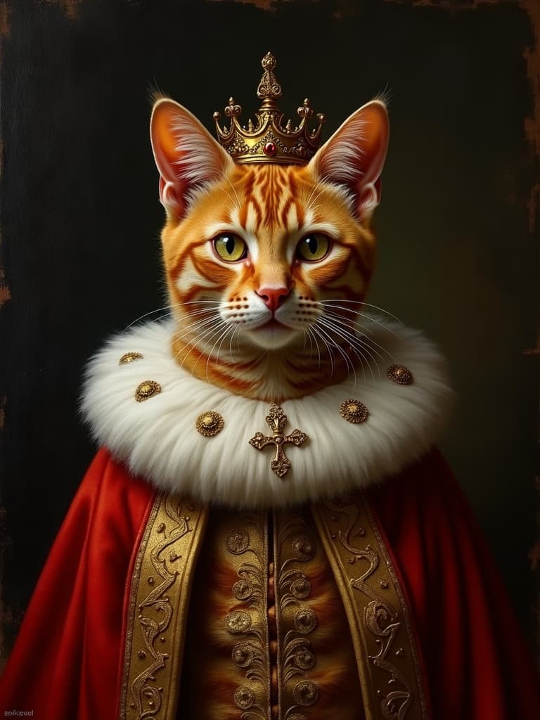 Orange ginger tabby cat crowned in royal ermine and red robes, renaissance portrait