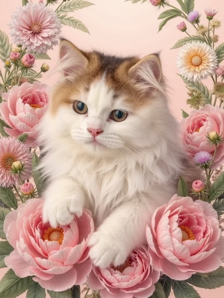 Romantic portrait of a calico cat surrounded by a wreath of pink peonies and roses