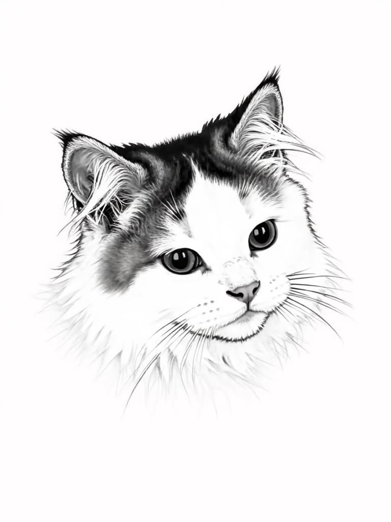 Bold black ink line art drawing of a long-haired calico cat on white background