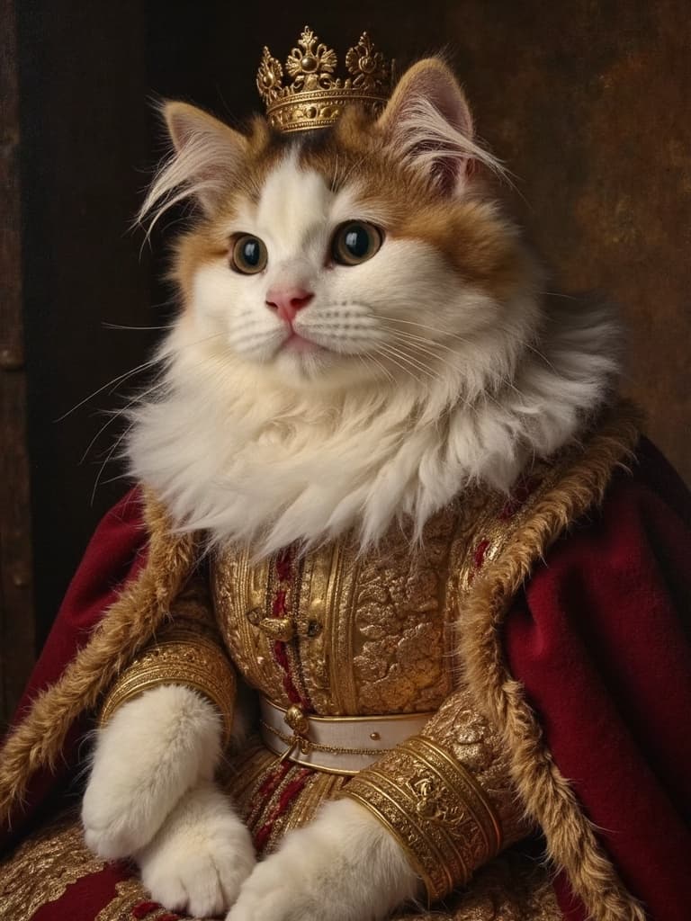 Calico cat renaissance portrait with a sweet adorable expression