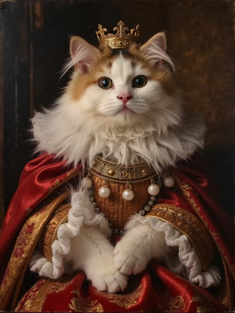 Calico cat renaissance portrait with a brave heroic expression