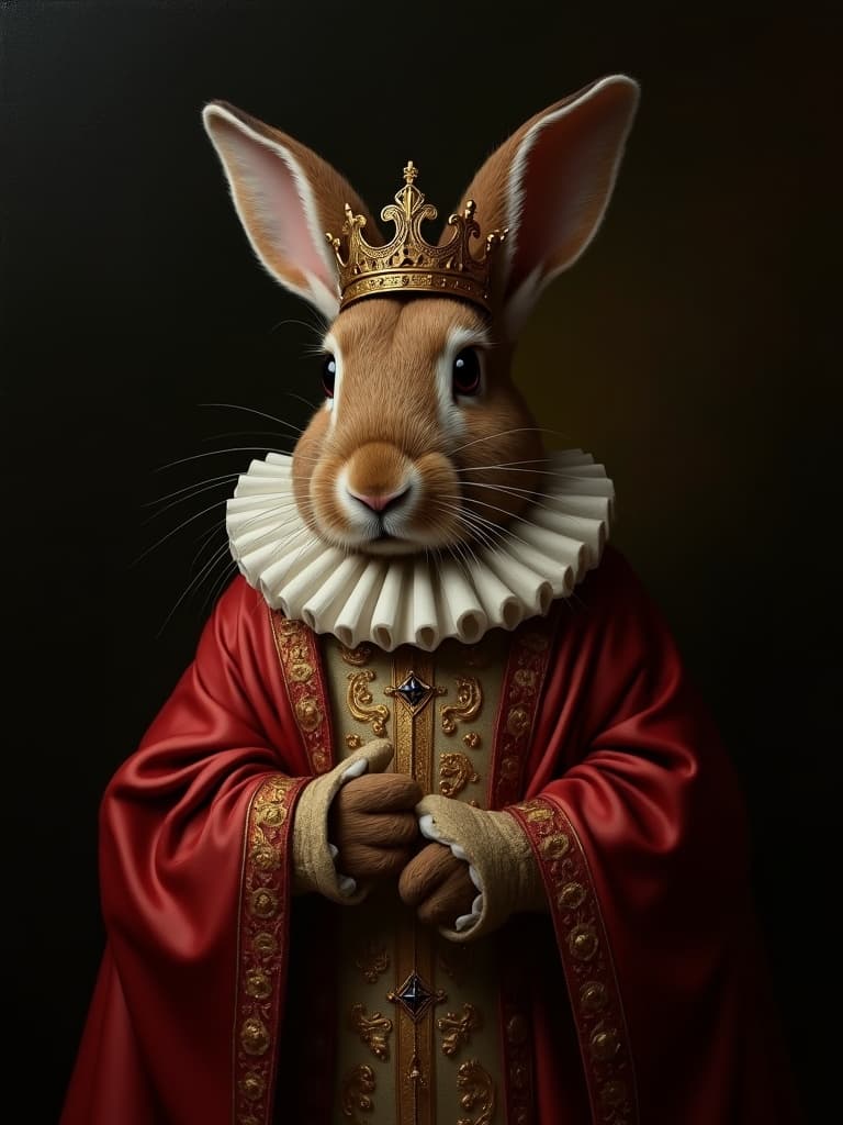 Renaissance style portrait of a rabbit in noble dress